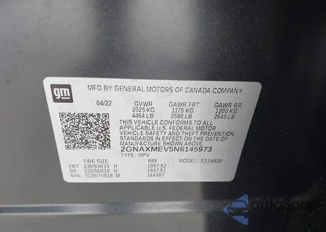 2022 Chevrolet Equinox Fwd Rs из США, поврежденный, VIN 2GNAXMEV5N6145973